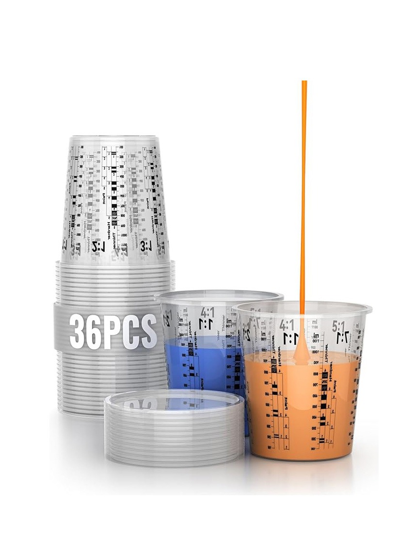 封面图修 28 Paint Mixing Cups, 37 Pack Disposable Measuring Cups for Epoxy Resin, 20 oz (600ml), Graduated Clear Plastic Mixing Cup with 12 Lids